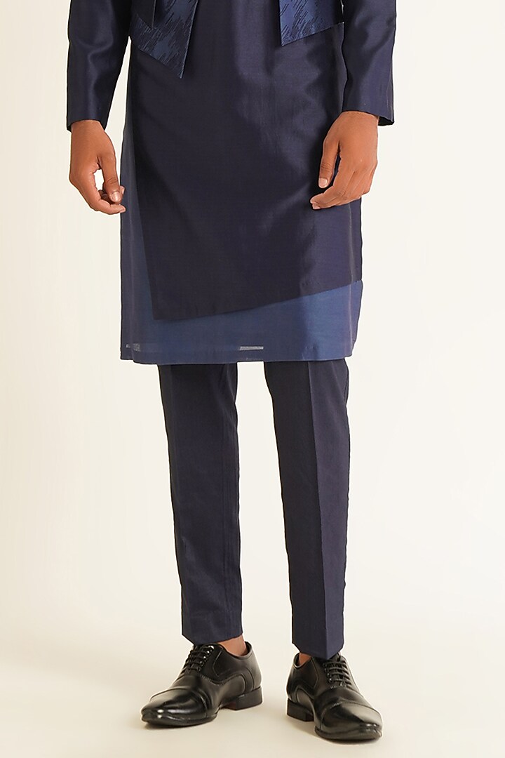 Navy Cotton Silk Chanderi Asymmetric Embroidered Kurta Set by Dhruv Vaish at Pernia's Pop Up Shop