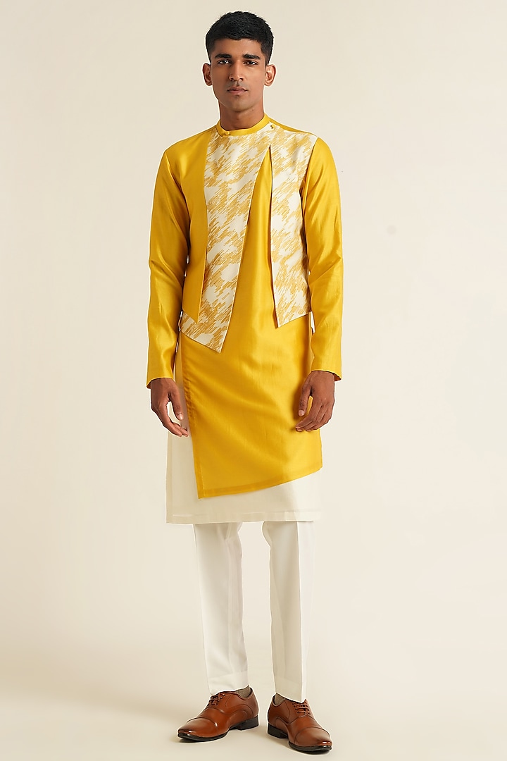 Marigold Cotton Silk Chanderi Asymmetric Embroidered Kurta Set by Dhruv Vaish