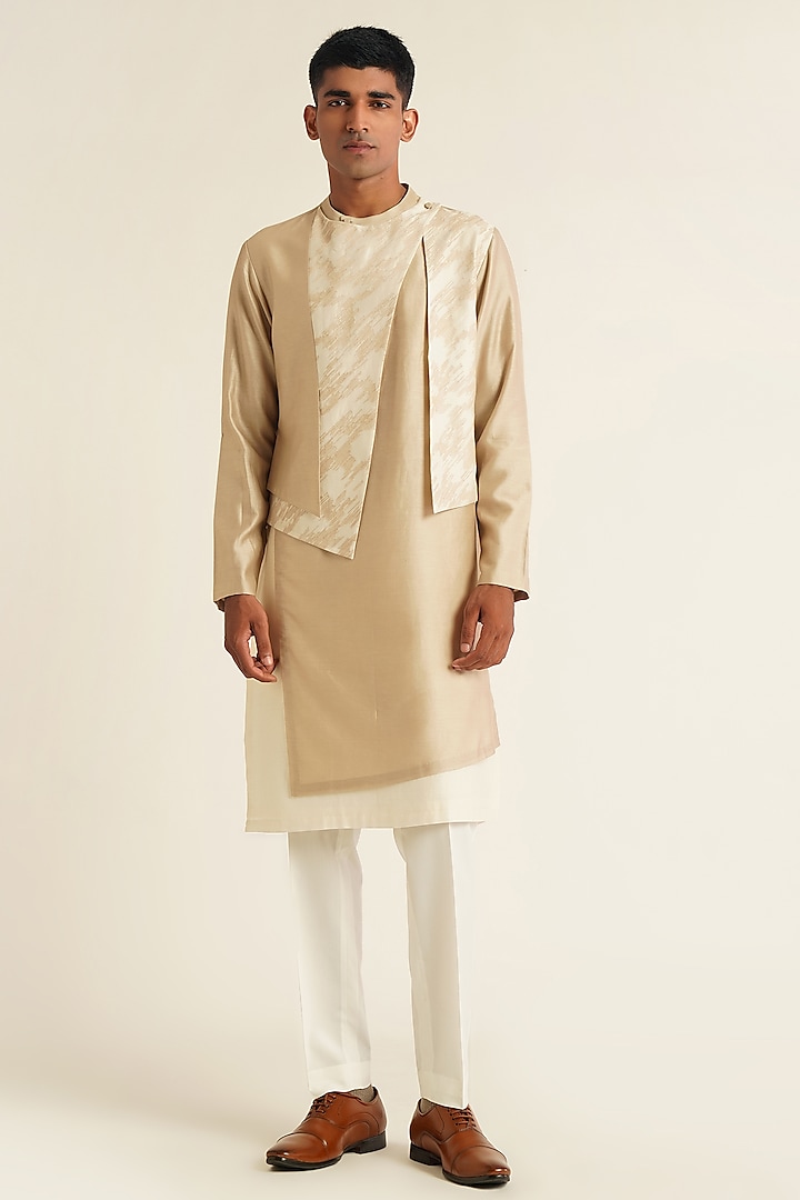 Moonrock Beige Cotton Silk Chanderi Asymmetric Embroidered Kurta Set by Dhruv Vaish at Pernia's Pop Up Shop