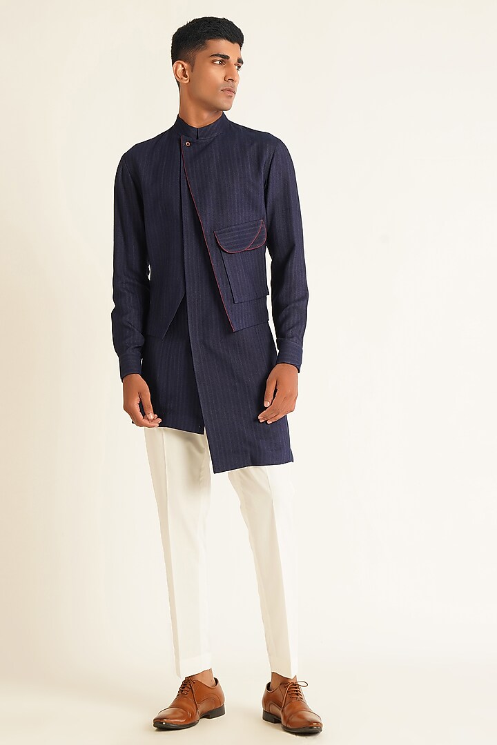 Navy Blue Herringbone Cotton Silk Kurta Set by Dhruv Vaish at Pernia's Pop Up Shop