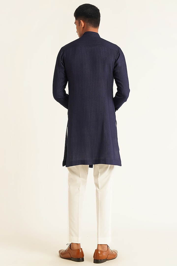 Navy Blue Herringbone Cotton Silk Kurta Set by Dhruv Vaish at Pernia's Pop Up Shop