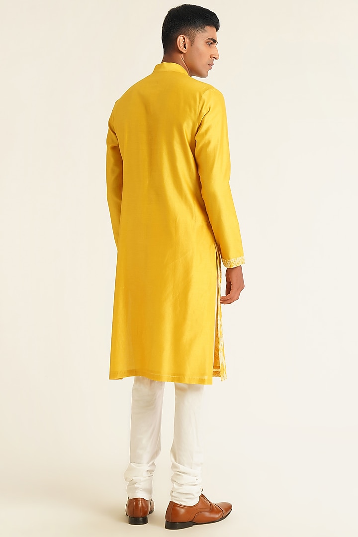 Marigold Cotton Silk Chanderi Thread Embroidered Kurta Set by Dhruv Vaish at Pernia's Pop Up Shop