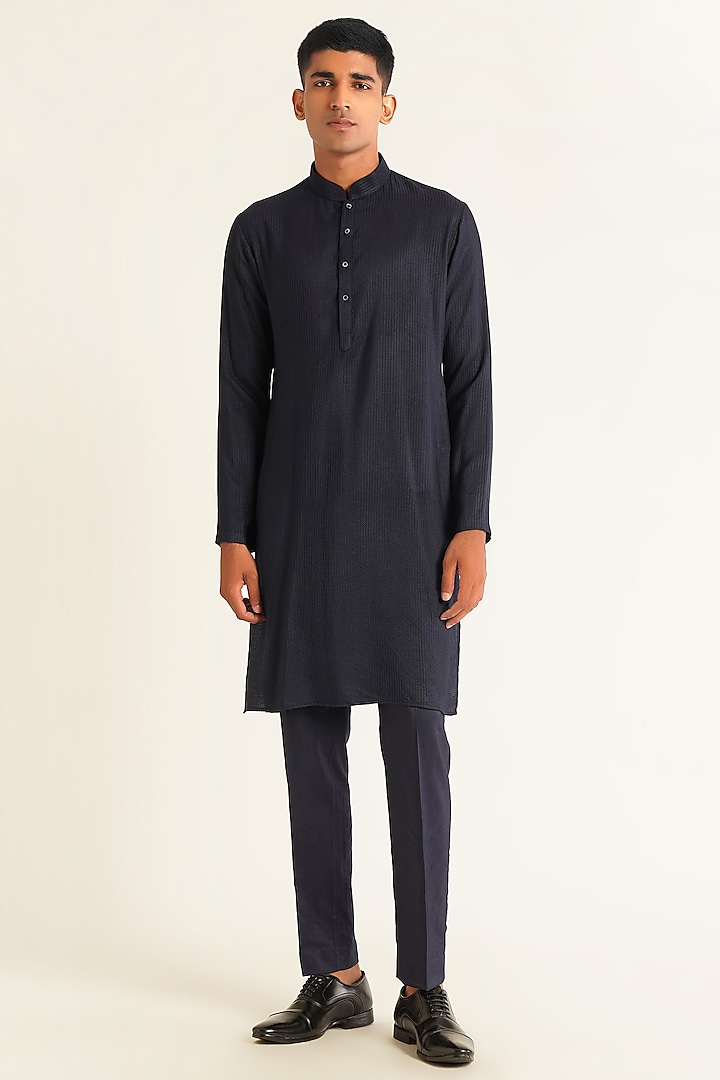 Navy Cotton Silk Textured Kurta Set by Dhruv Vaish