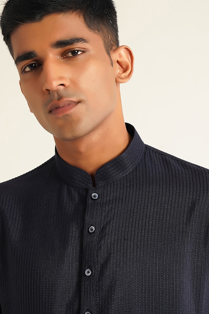 Navy Cotton Silk Textured Kurta Set by Dhruv Vaish at Pernia's Pop Up Shop