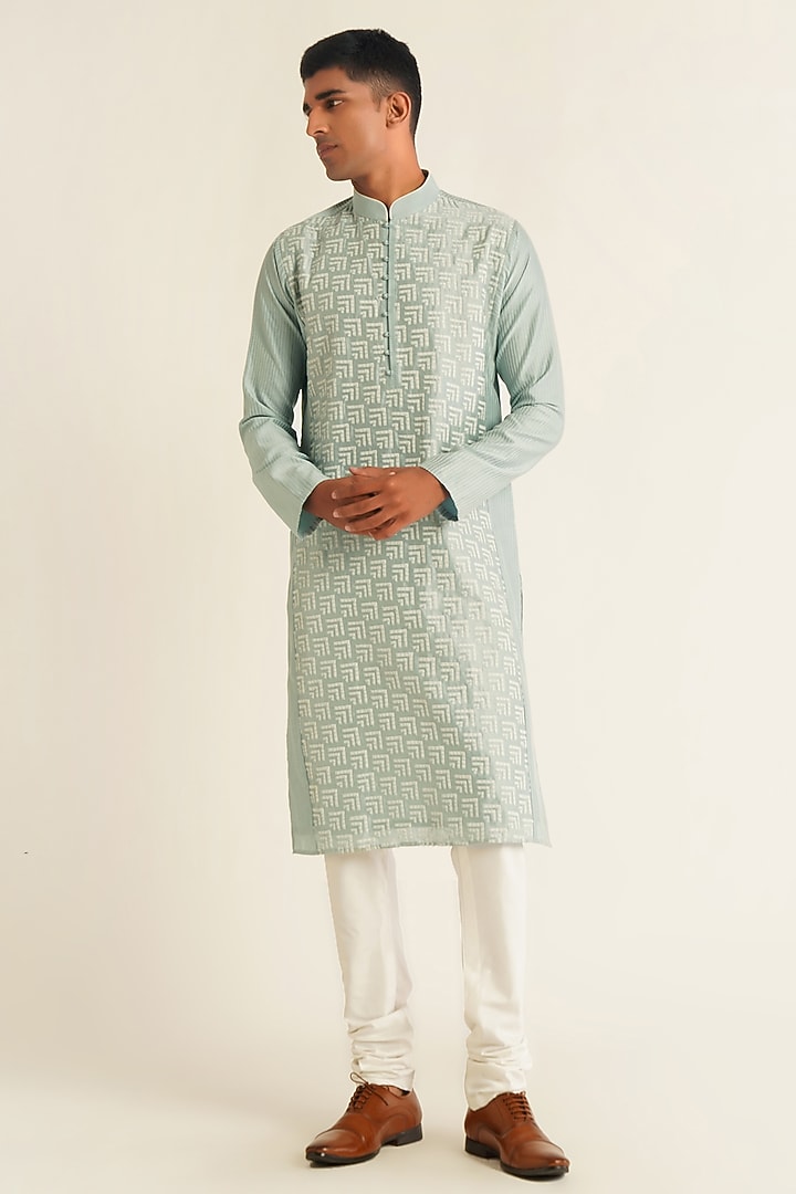 Powder Blue Cotton Silk Chanderi Applique Embroidered Kurta Set by Dhruv Vaish at Pernia's Pop Up Shop