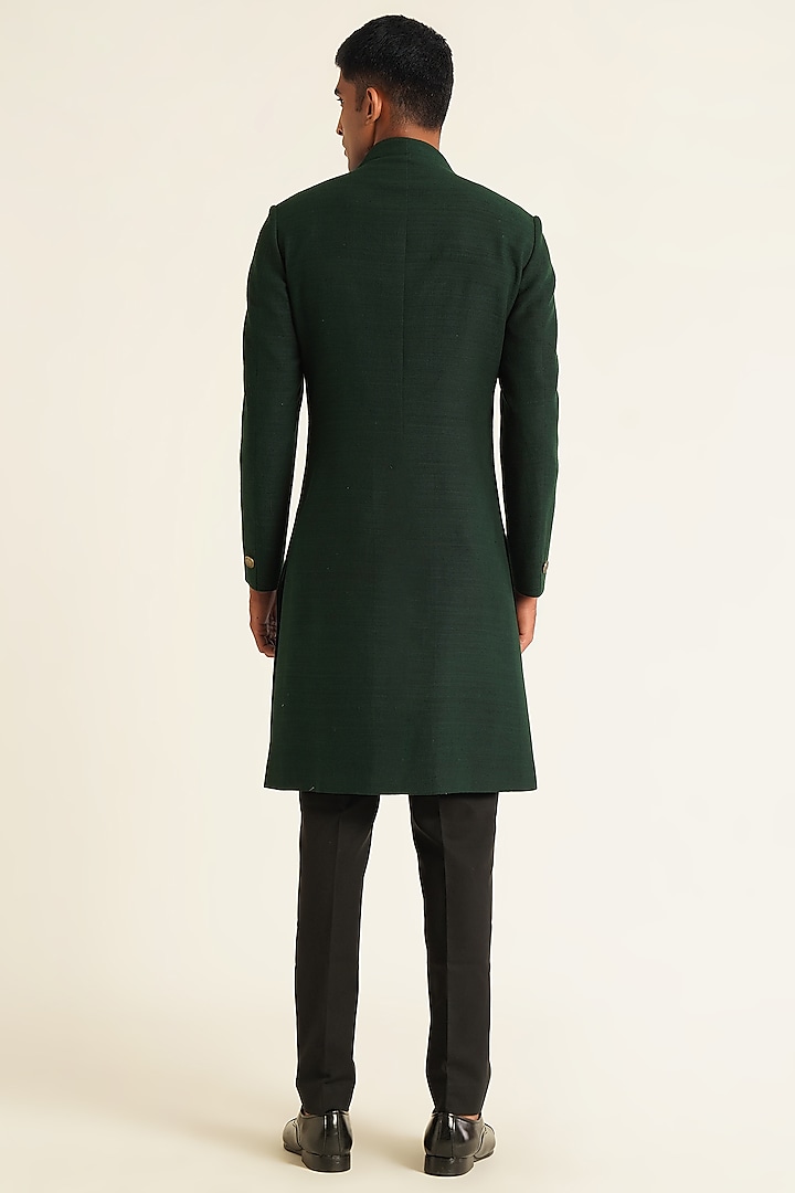 Bottle Green Silk Metal Bead Embroidered Wedding Sherwani Set by Dhruv Vaish at Pernia's Pop Up Shop