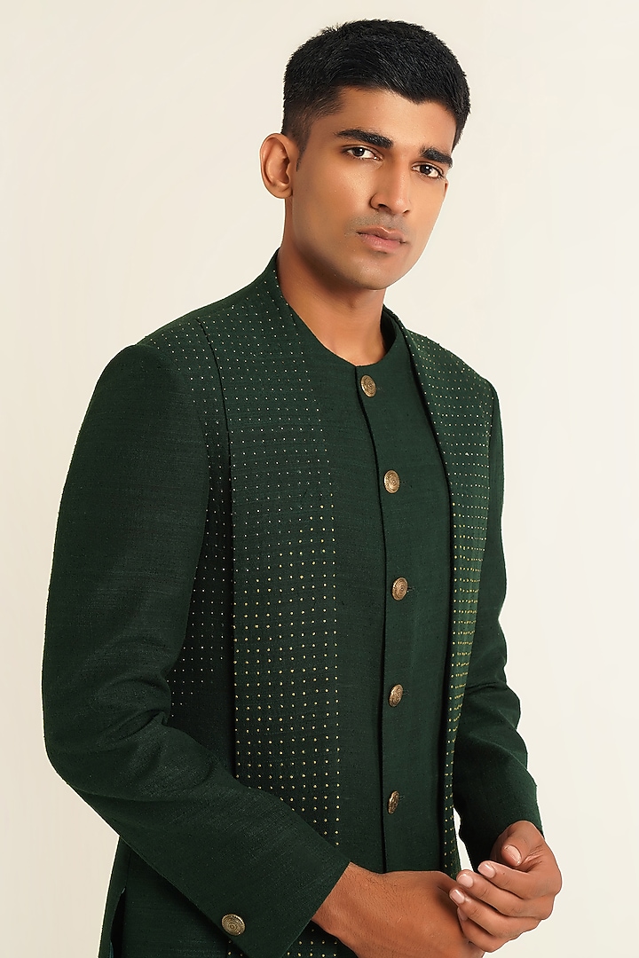 Bottle Green Silk Metal Bead Embroidered Wedding Sherwani Set by Dhruv Vaish at Pernia's Pop Up Shop