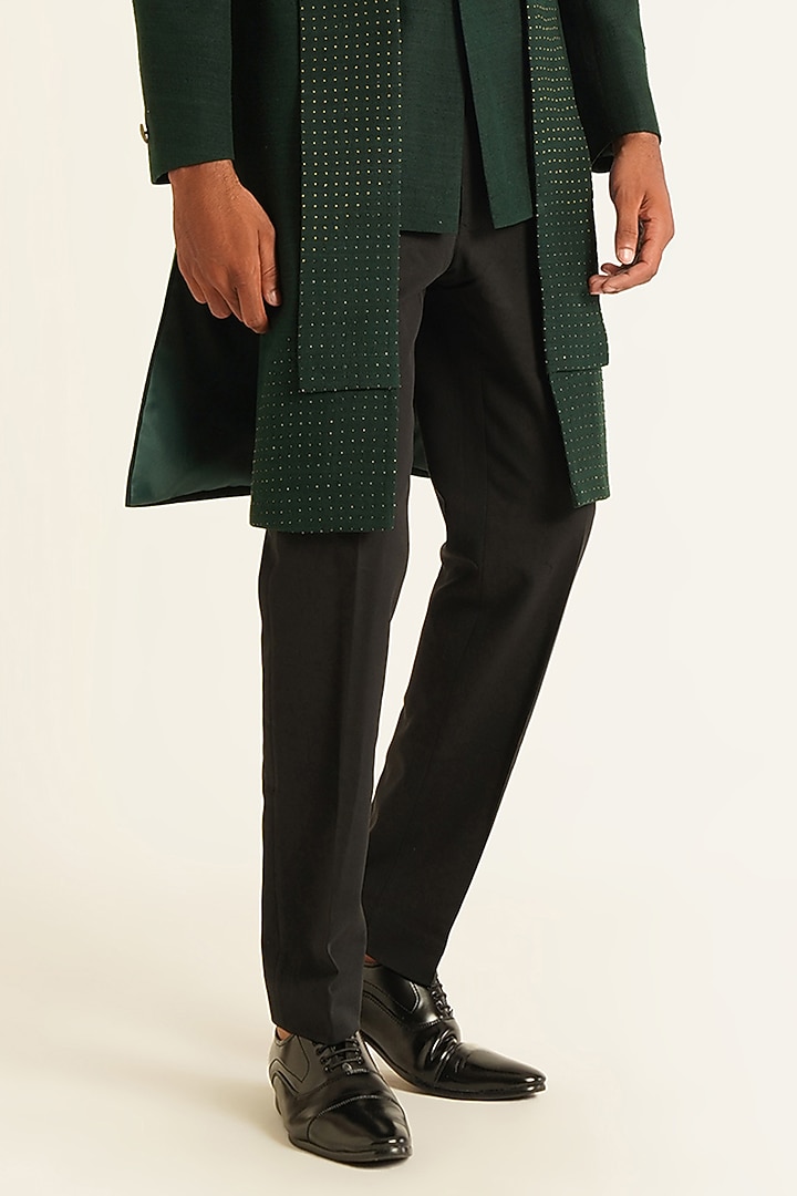 Bottle Green Silk Metal Bead Embroidered Wedding Sherwani Set by Dhruv Vaish at Pernia's Pop Up Shop
