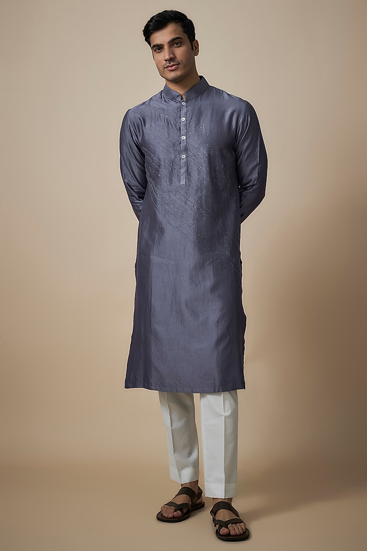 Blue Cotton Silk Chanderi Embroidered Kurta Set by Dhruv Vaish at Pernia's Pop Up Shop