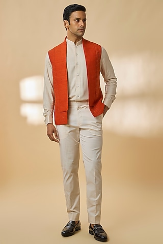 Orange Silk Bundi Jacket by Dhruv Vaish