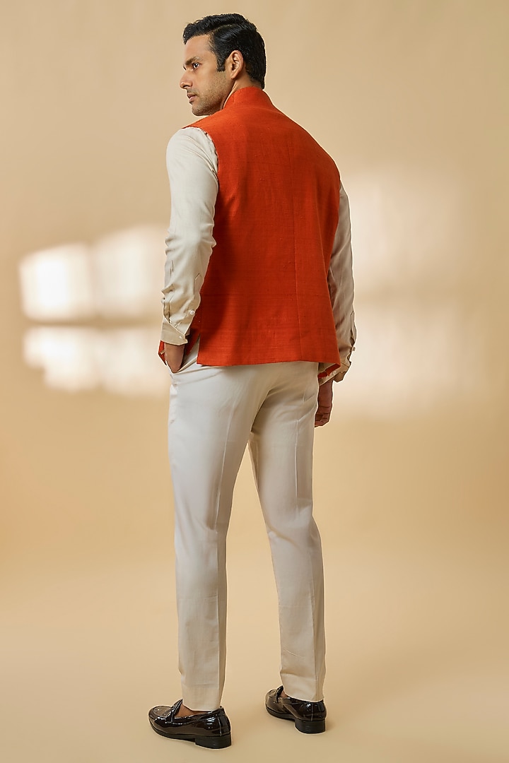 Orange Silk Bundi Jacket by Dhruv Vaish at Pernia's Pop Up Shop