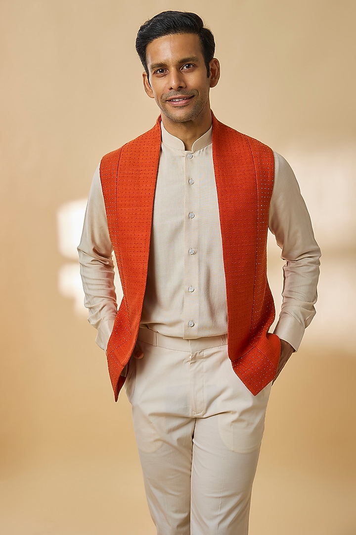 Orange Silk Bundi Jacket by Dhruv Vaish at Pernia's Pop Up Shop
