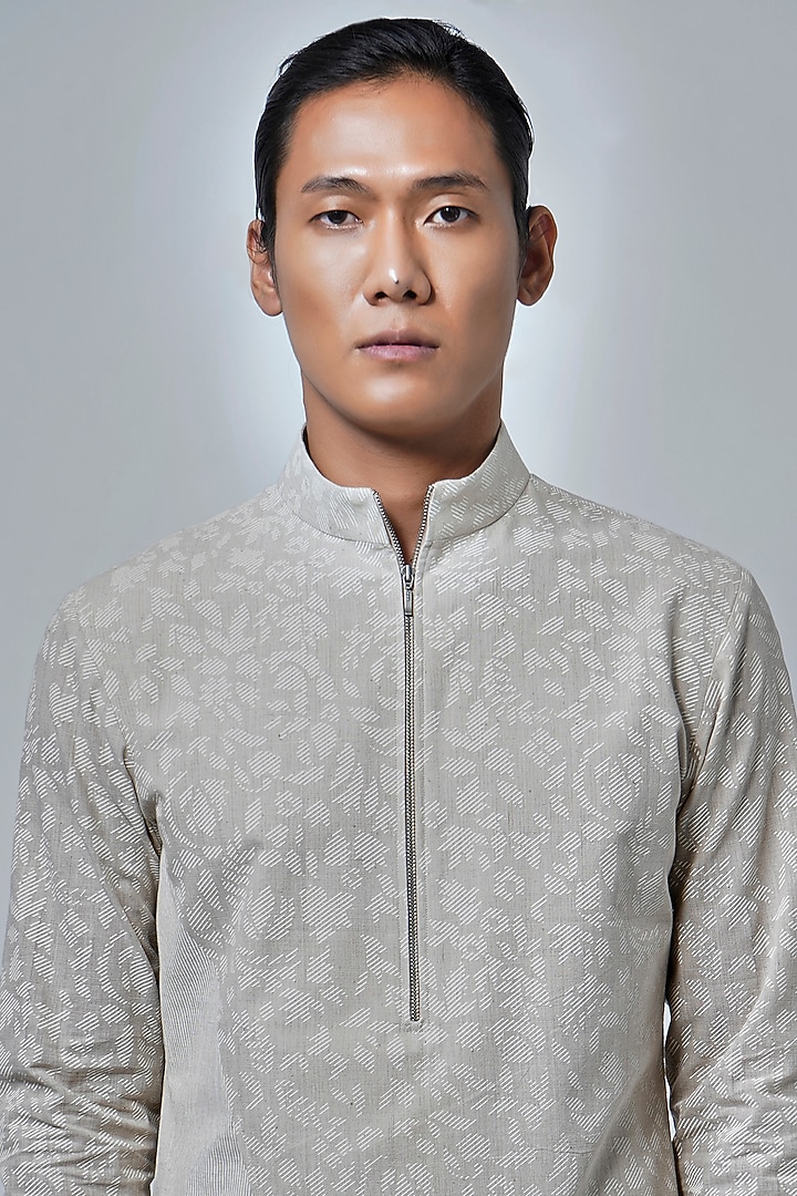 Silver Sand-Colored Handloom Cotton Printed Kurta Set by Dhruv Vaish at Pernia's Pop Up Shop