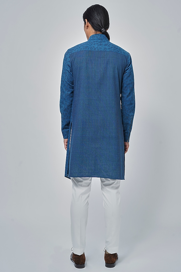 Prussian Blue Handloom Cotton Printed Kurta Set by Dhruv Vaish at Pernia's Pop Up Shop