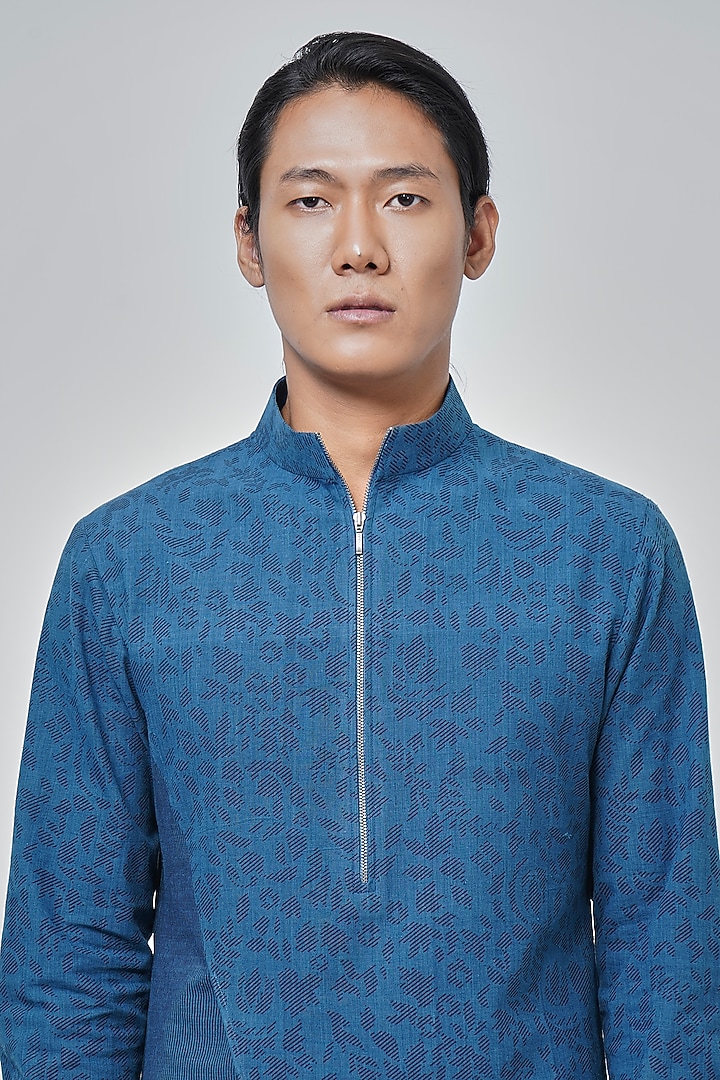 Prussian Blue Handloom Cotton Printed Kurta Set by Dhruv Vaish at Pernia's Pop Up Shop