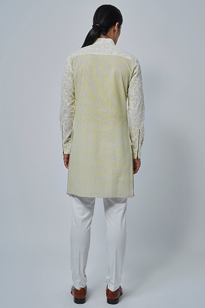 Ivory & Lime Handloom Cotton Printed Kurta Set by Dhruv Vaish at Pernia's Pop Up Shop
