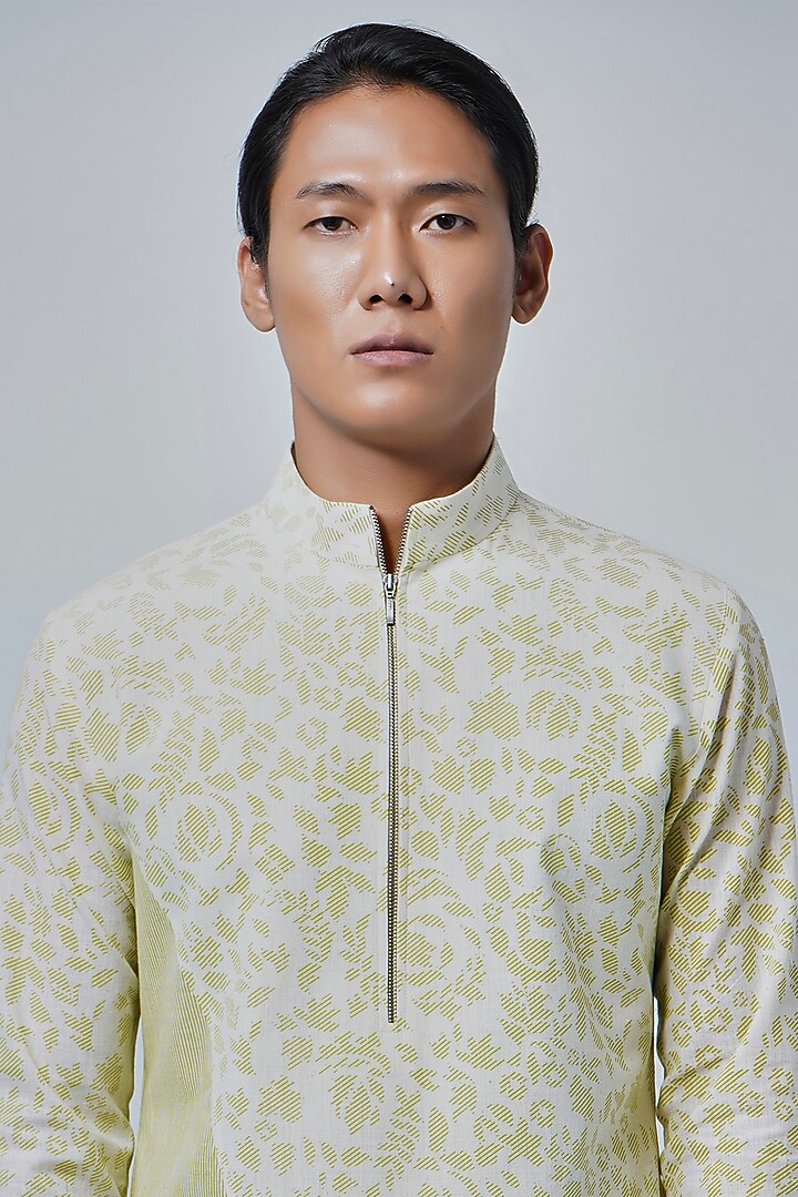 Ivory & Lime Handloom Cotton Printed Kurta Set by Dhruv Vaish at Pernia's Pop Up Shop