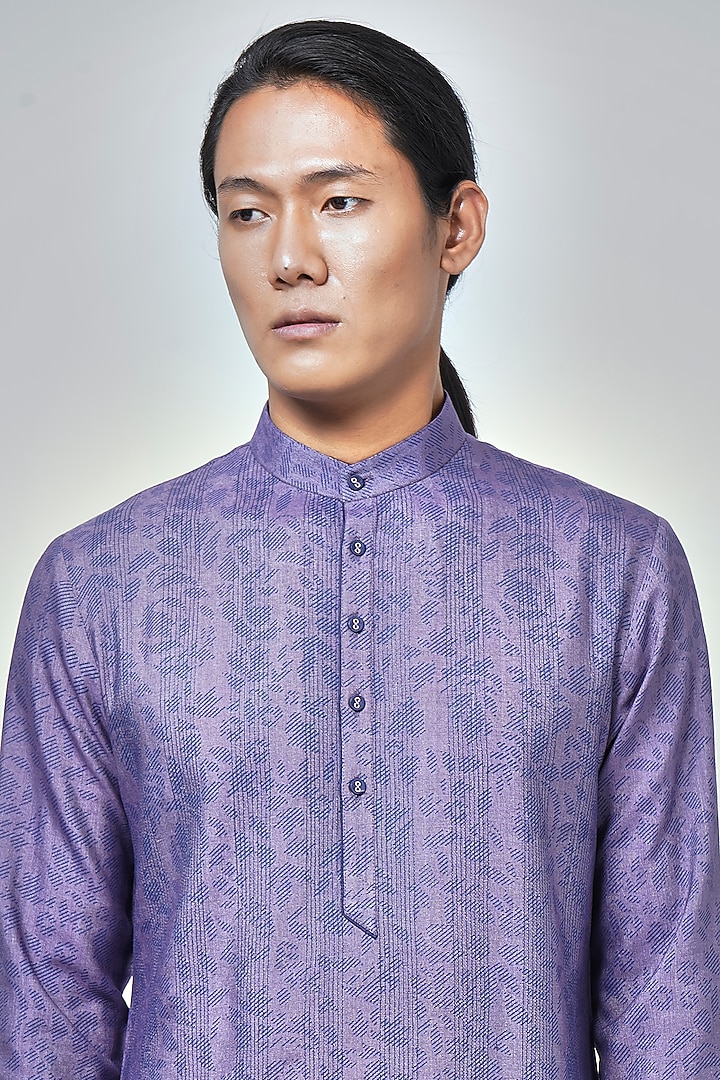 Blue Violet Raw Silk Printed Kurta Set by Dhruv Vaish at Pernia's Pop Up Shop