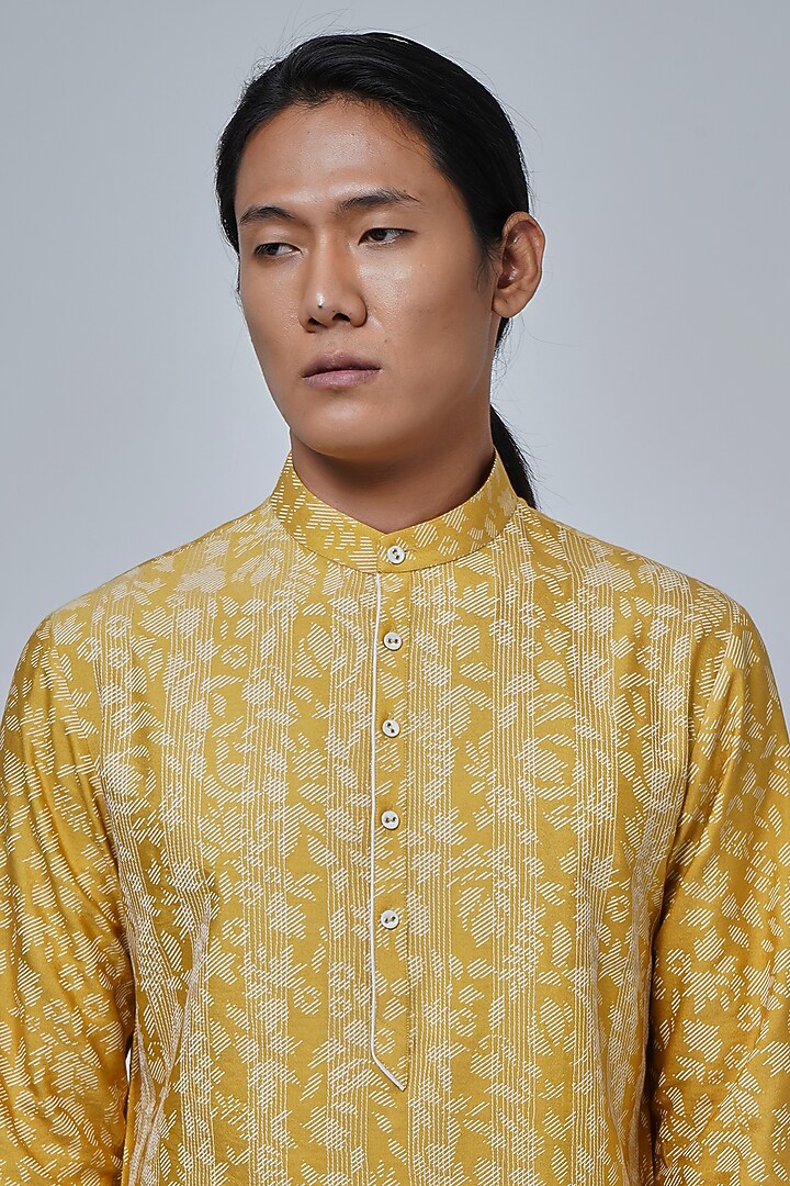 Marigold Yellow Terry Rayon Printed Kurta Set by Dhruv Vaish at Pernia's Pop Up Shop