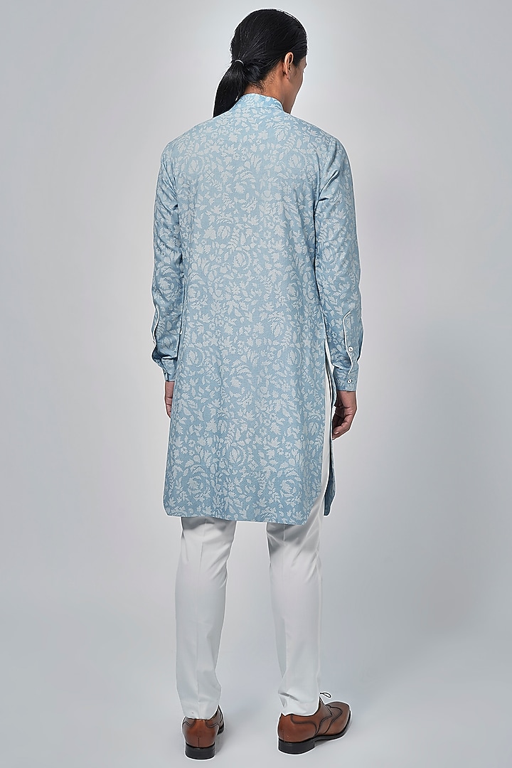 Sky Blue Raw Silk Printed Kurta Set by Dhruv Vaish at Pernia's Pop Up Shop
