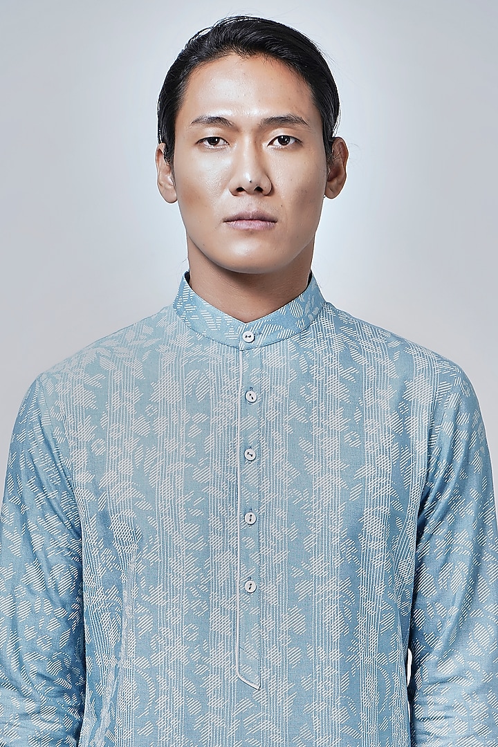 Sky Blue Raw Silk Printed Kurta Set by Dhruv Vaish at Pernia's Pop Up Shop