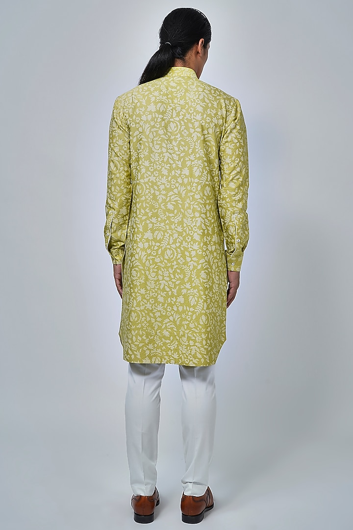Lime Green Raw Silk Printed Kurta Set by Dhruv Vaish at Pernia's Pop Up Shop