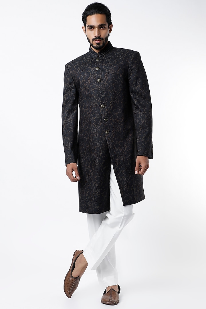 Black Digital Printed Sherwani by Dhruv Vaish