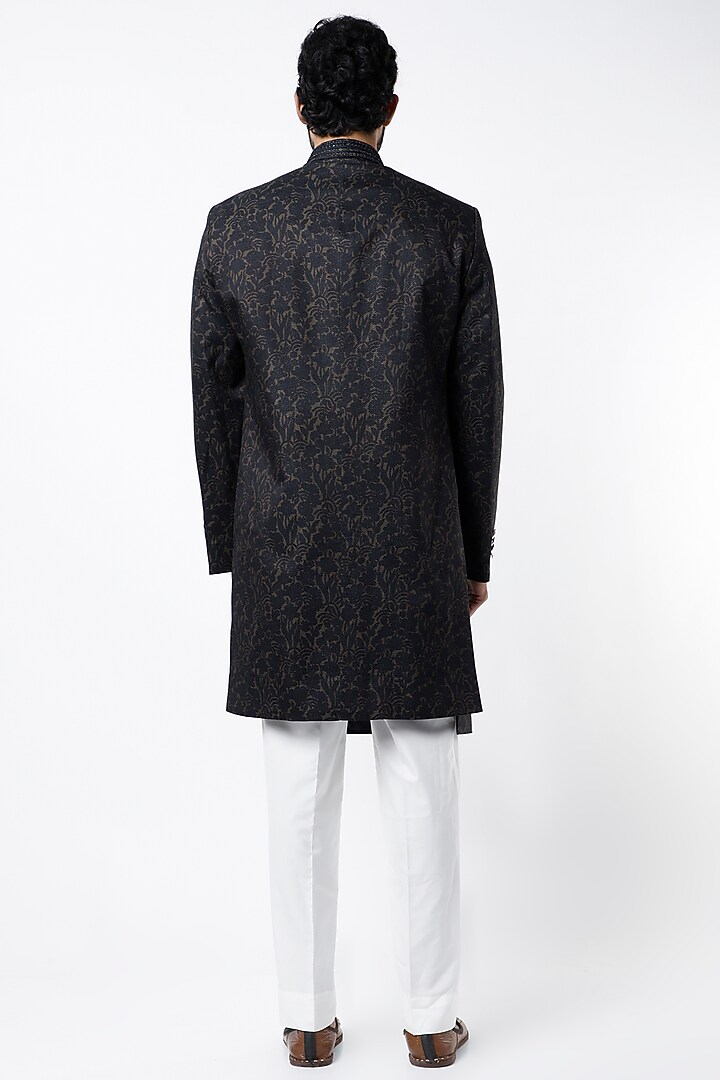 Black Digital Printed Wedding Sherwani by Dhruv Vaish at Pernia's Pop Up Shop