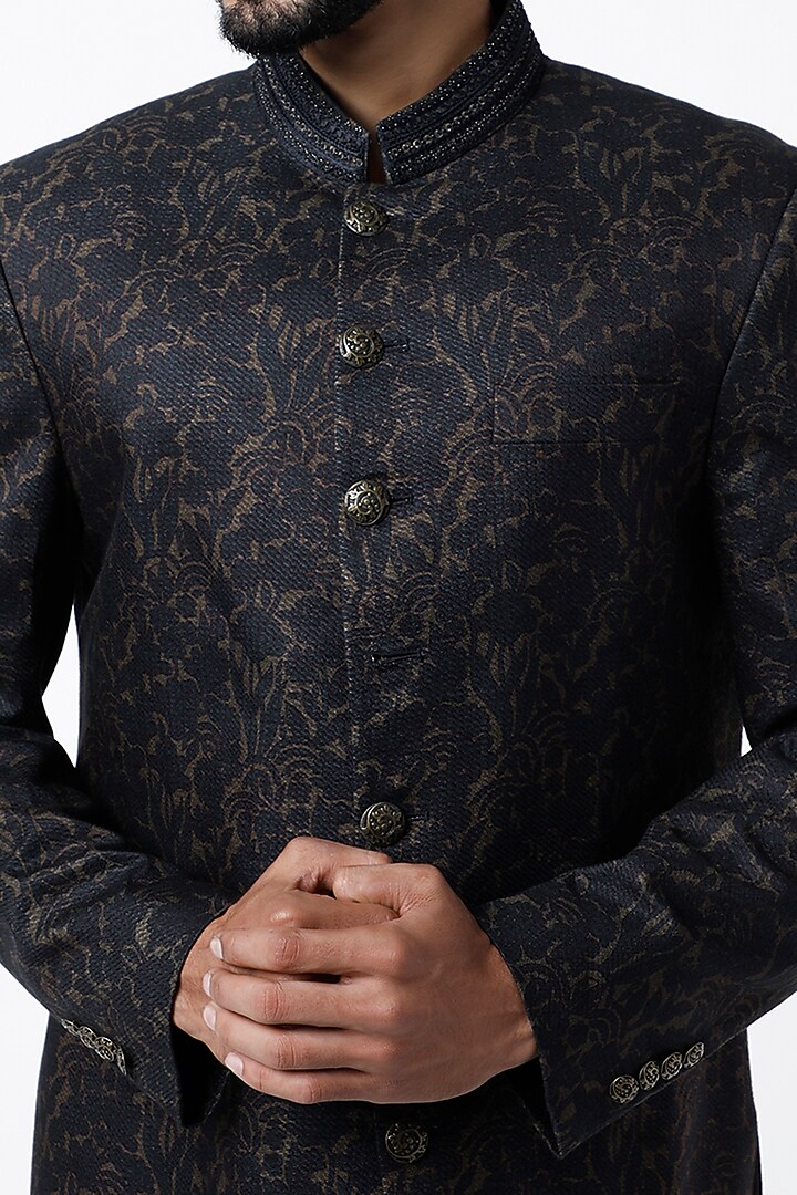 Black Digital Printed Wedding Sherwani by Dhruv Vaish at Pernia's Pop Up Shop