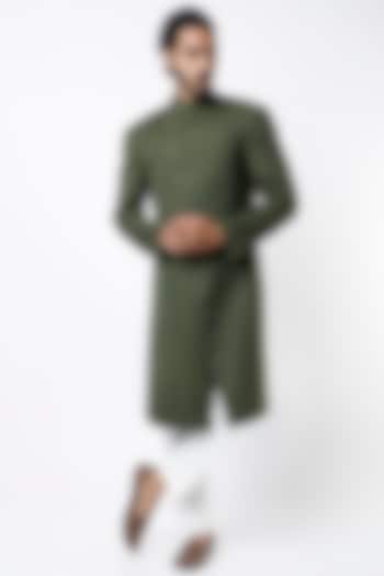 Olive Green Herringbone Silk Wedding Sherwani by Dhruv Vaish at Pernia's Pop Up Shop