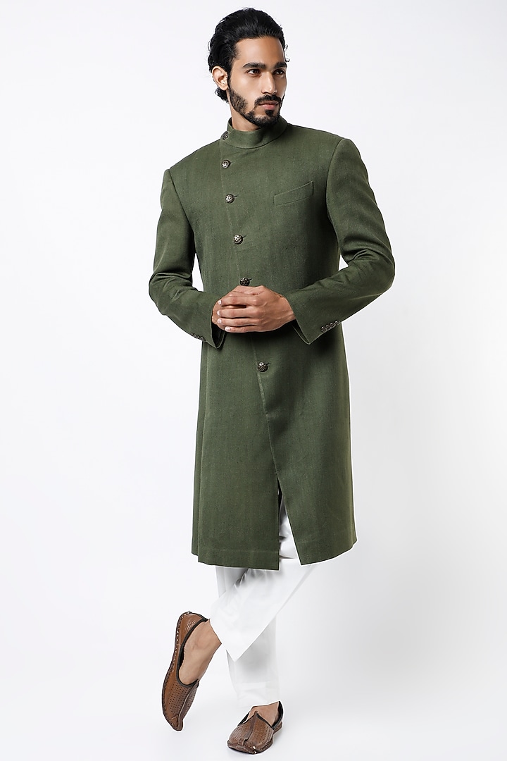 Olive Green Herringbone Silk Wedding Sherwani by Dhruv Vaish at Pernia's Pop Up Shop