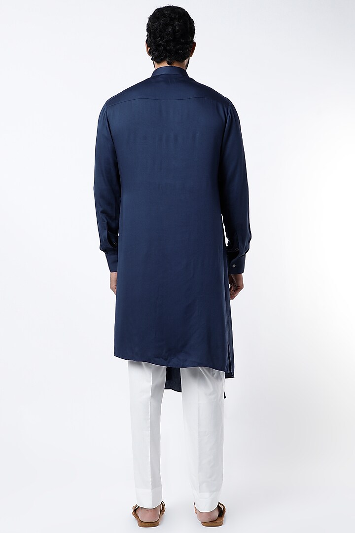 Navy Blue Cotton Satin Draped Kurta Set by Dhruv Vaish at Pernia's Pop Up Shop