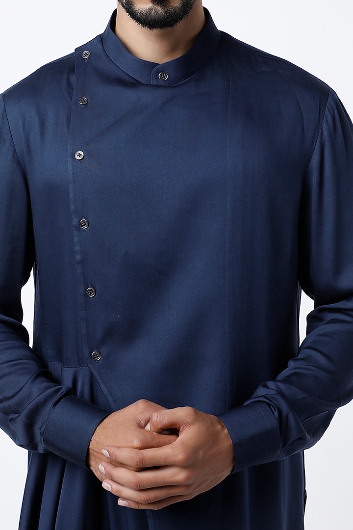 Navy Blue Cotton Satin Draped Kurta Set by Dhruv Vaish at Pernia's Pop Up Shop