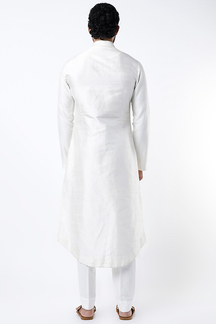 Ivory Cotton Satin & Raw Silk Kurta Set by Dhruv Vaish at Pernia's Pop Up Shop