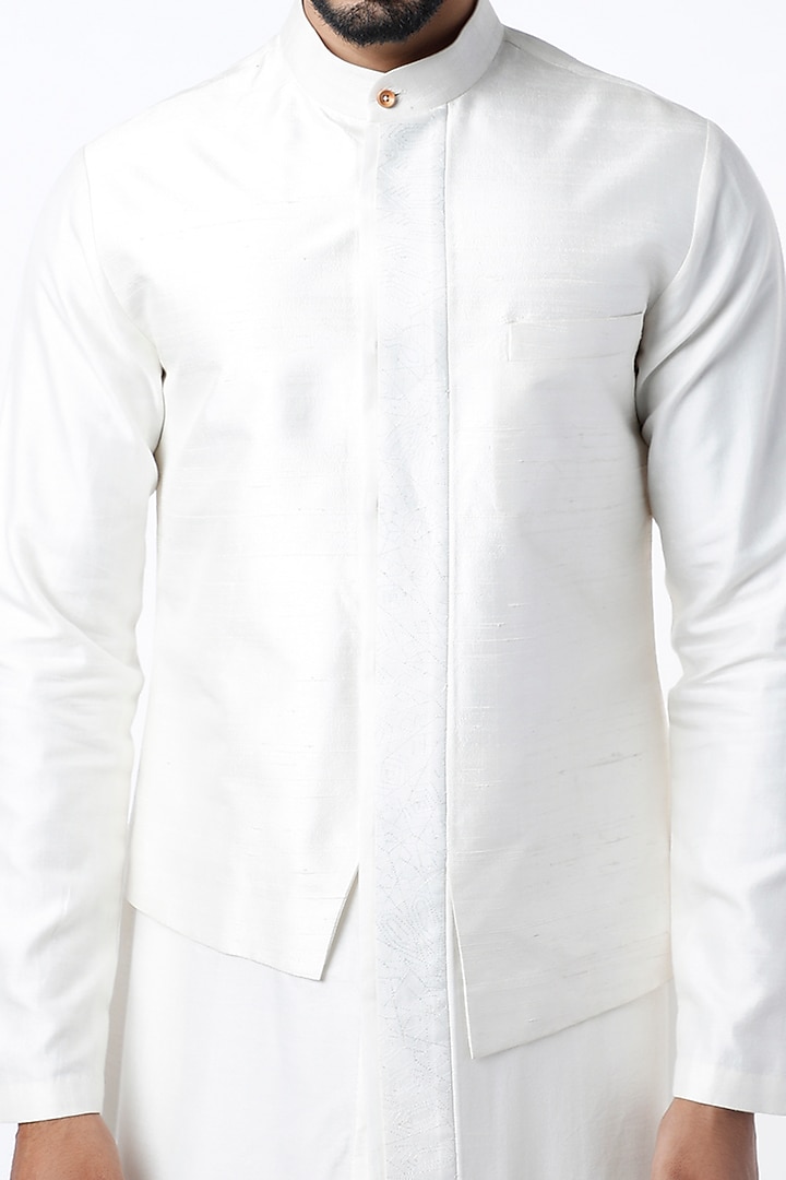 Ivory Cotton Satin & Raw Silk Kurta Set by Dhruv Vaish at Pernia's Pop Up Shop