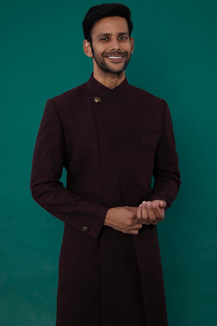 Old Mauve Silk Wedding Indowestern Set by Dhruv Vaish at Pernia's Pop Up Shop