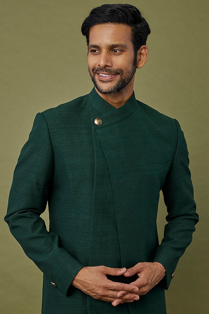 Bottle Green Silk Wedding Indowestern Set by Dhruv Vaish at Pernia's Pop Up Shop