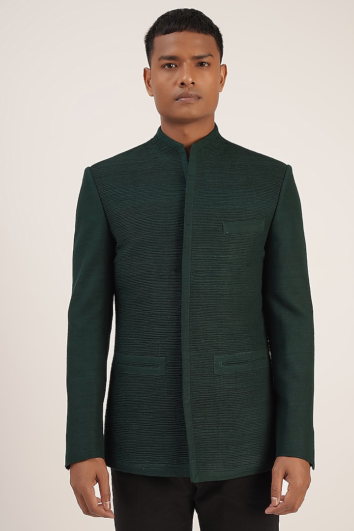 Bottle Green Bandhgala Jacket In Silk by Dhruv Vaish