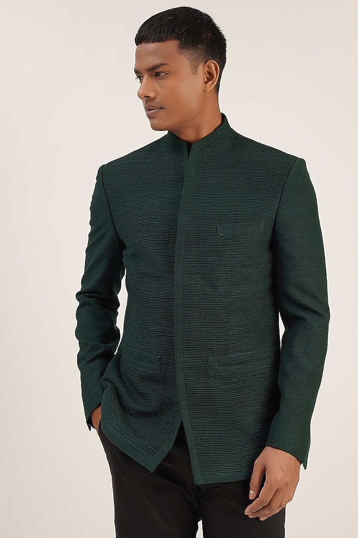 Bottle Green Silk Wedding Bandhgala Jacket by Dhruv Vaish at Pernia's Pop Up Shop