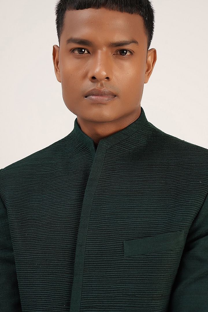 Bottle Green Silk Wedding Bandhgala Jacket by Dhruv Vaish at Pernia's Pop Up Shop