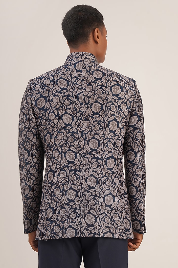 Navy Blue Raw Silk Printed Wedding Bandhgala Jacket by Dhruv Vaish at Pernia's Pop Up Shop