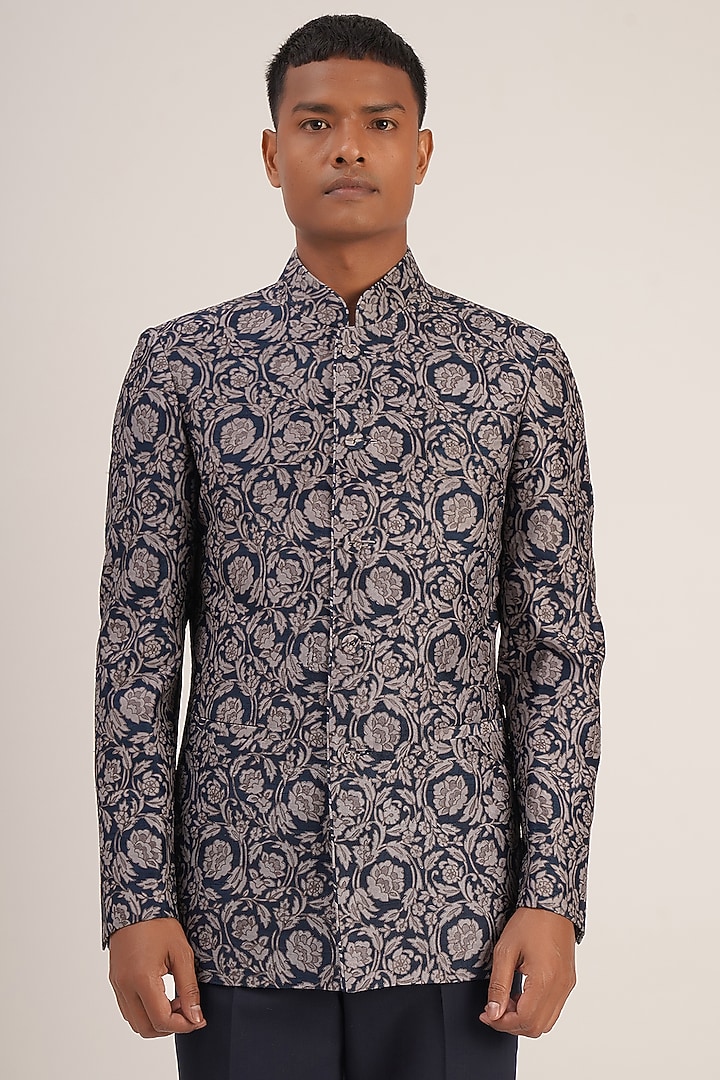 Navy Blue Raw Silk Printed Wedding Bandhgala Jacket by Dhruv Vaish at Pernia's Pop Up Shop