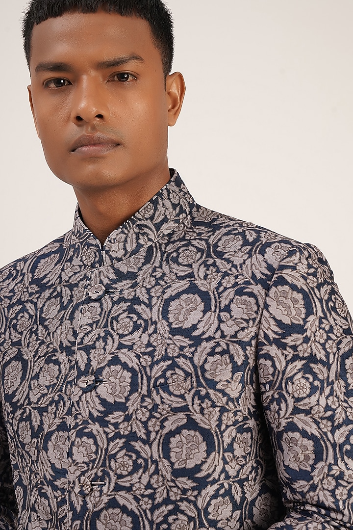 Navy Blue Raw Silk Printed Wedding Bandhgala Jacket by Dhruv Vaish at Pernia's Pop Up Shop