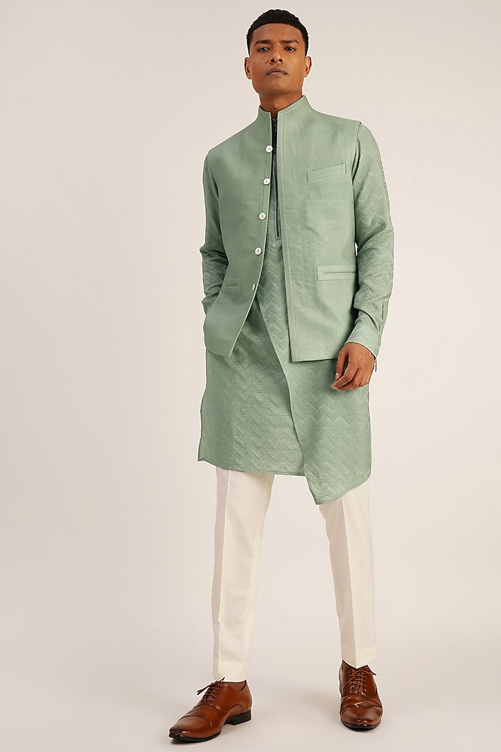 Jade Mist Cotton Indowestern Jacket by Dhruv Vaish