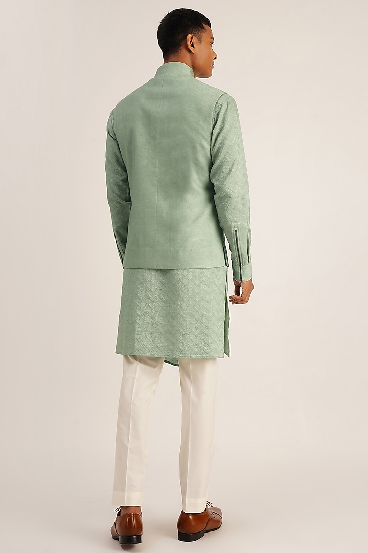 Jade Mist Textured Cotton Silk Indowestern Jacket by Dhruv Vaish at Pernia's Pop Up Shop
