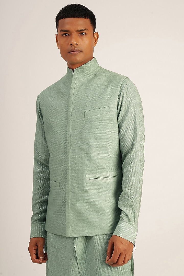 Jade Mist Textured Cotton Silk Indowestern Jacket by Dhruv Vaish at Pernia's Pop Up Shop