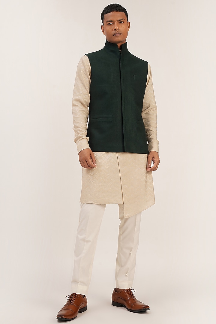 Bottle Green Textured Cotton Silk Nehru Jacket by Dhruv Vaish at Pernia's Pop Up Shop