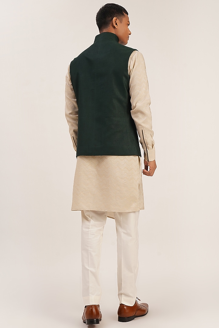 Bottle Green Textured Cotton Silk Nehru Jacket by Dhruv Vaish at Pernia's Pop Up Shop