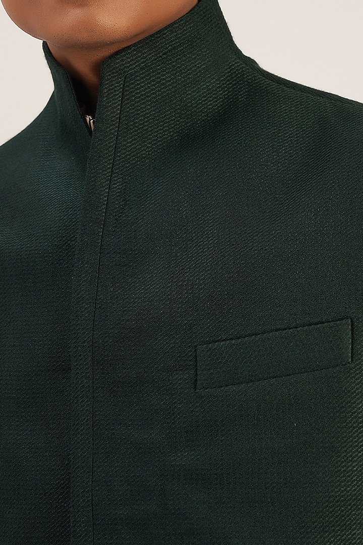 Bottle Green Textured Cotton Silk Nehru Jacket by Dhruv Vaish at Pernia's Pop Up Shop