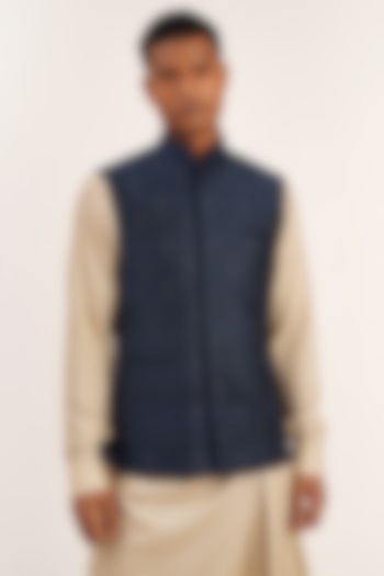 Navy Blue Silk Embroidered Nehru Jacket by Dhruv Vaish at Pernia's Pop Up Shop